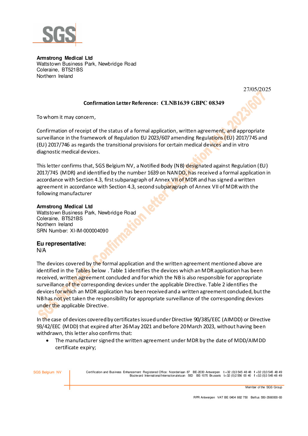Armstrong Medical GBPC 08349 LPMDREG5112 Confirmation Letter Extension of MDD rev 2 pdf Eakin Healthcare