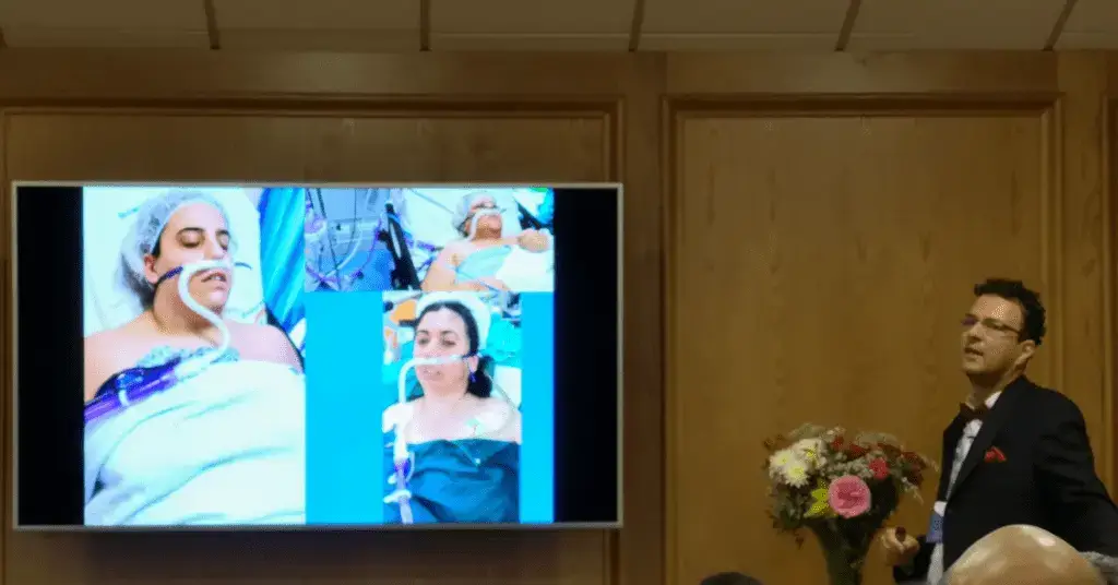 Armstrong Medical team presenting at ENT Point seminar 2018 with a TV screen in the background