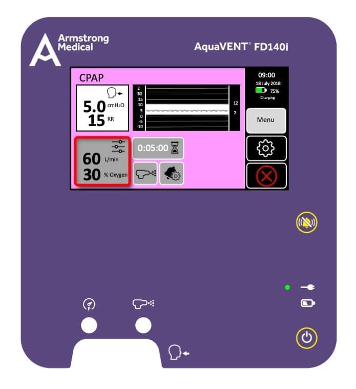 3D rendering of the AquaVENT FD140i CPAP screen with the litres per min highlighted