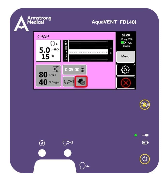 3D rendering of the AquaVENT FD140i CPAP screen with the alarm highlighted