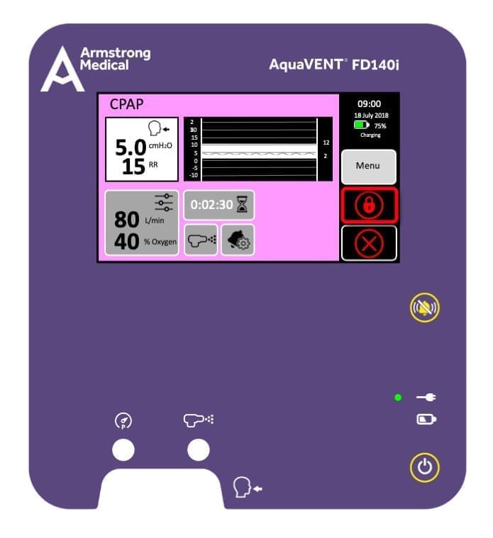 3D rendering of the AquaVENT FD140i CPAP screen with the lock icon highlighted