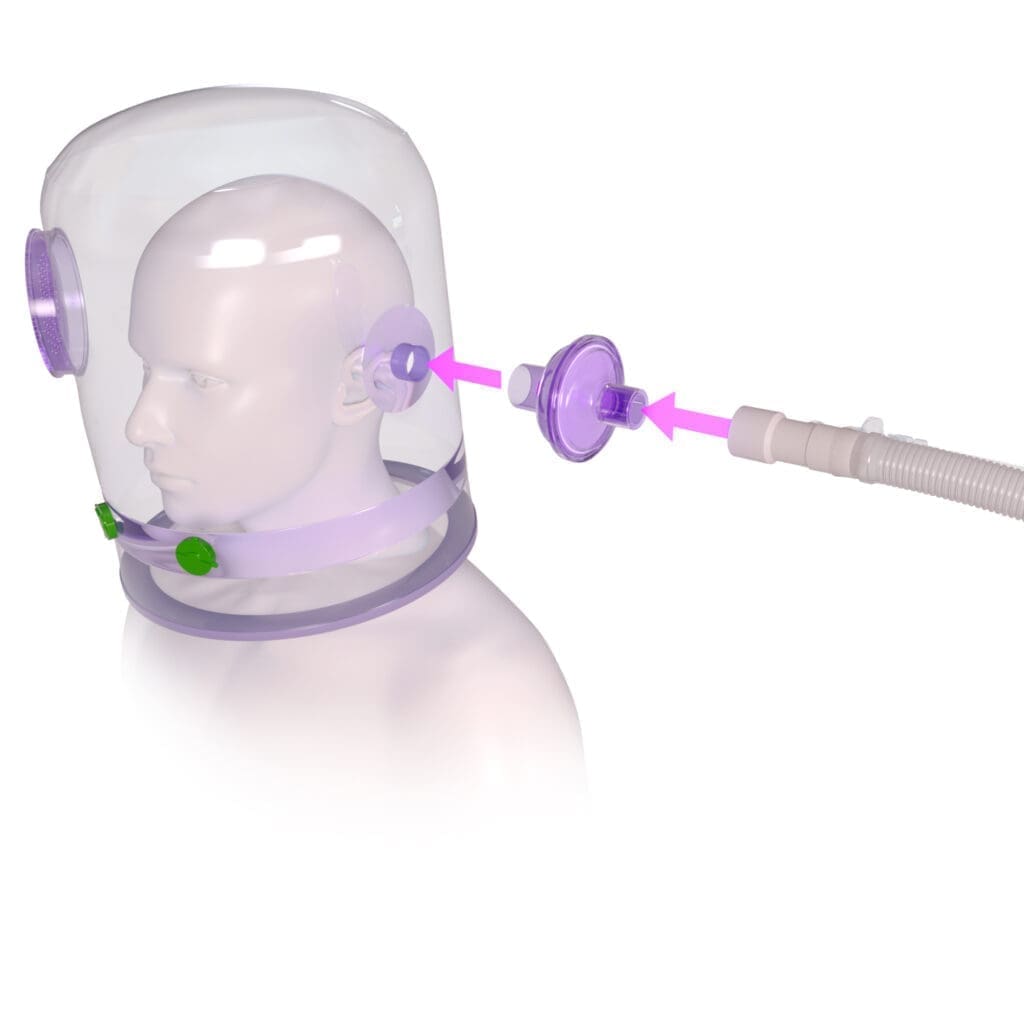 3D rendering of a man wearing a CPAP helmet with a filter being attached