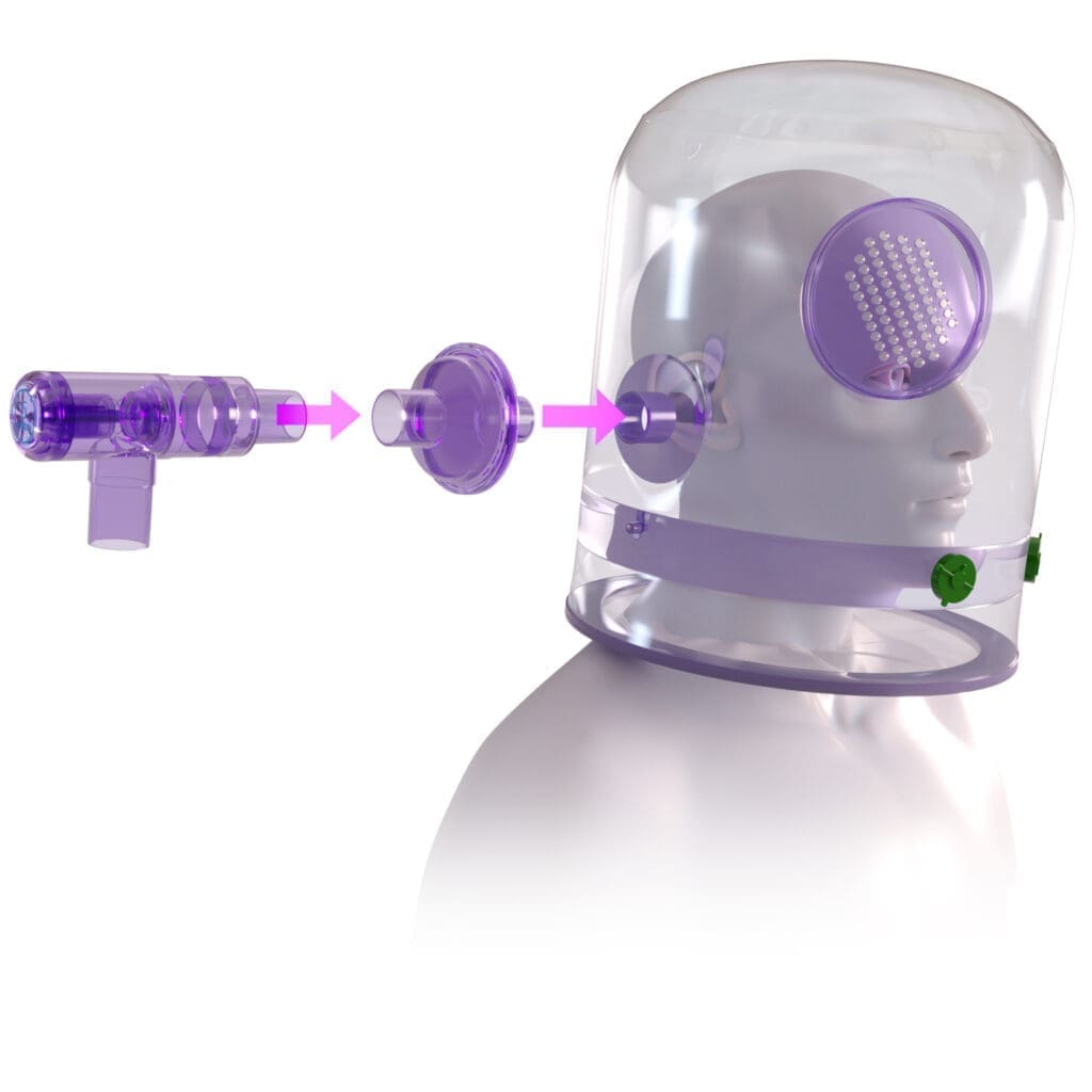 3D rendering of a man wearing a CPAP helmet with a PEEP Valve being attached