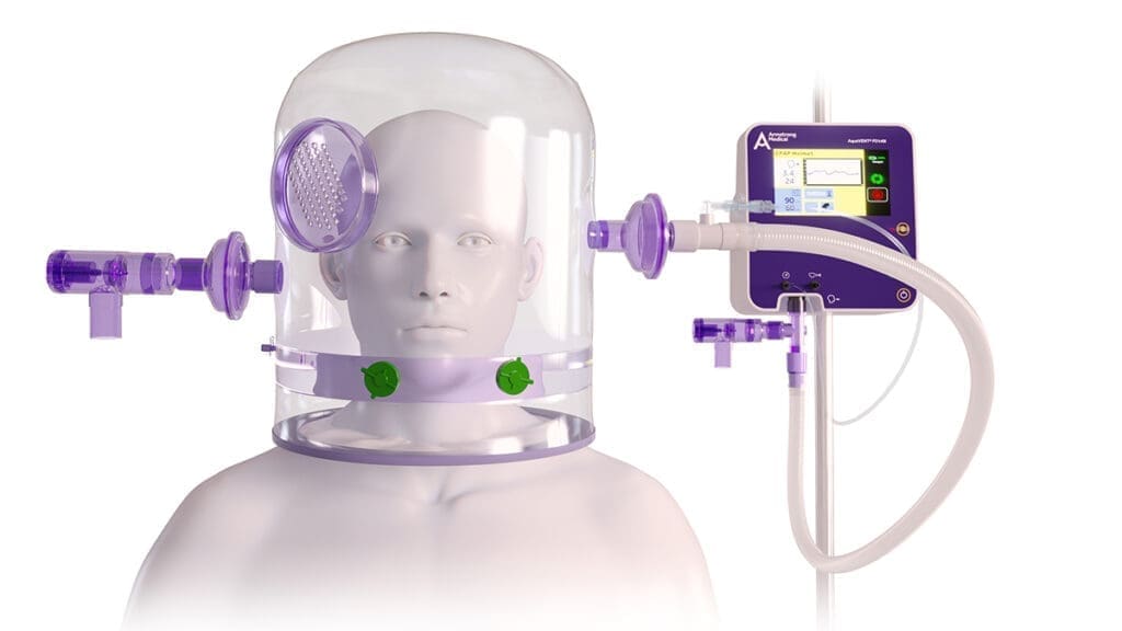 3D rendering of a man wearing a CPAP helmet