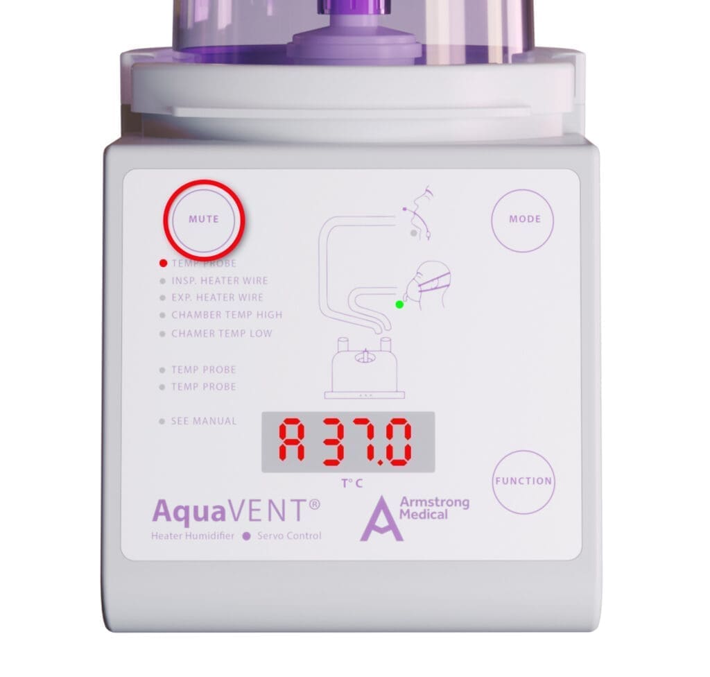 3D rendering of a heater humidifier with the mute button highlighted